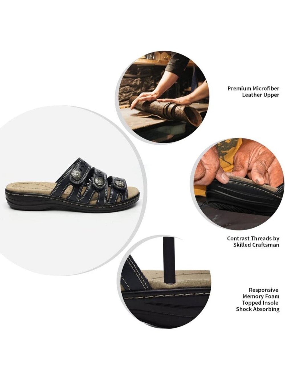 Women's Comfort Leather Slides Flat Sandals Navy Slip On Casual Walking Slippers - Picture 3 of 6